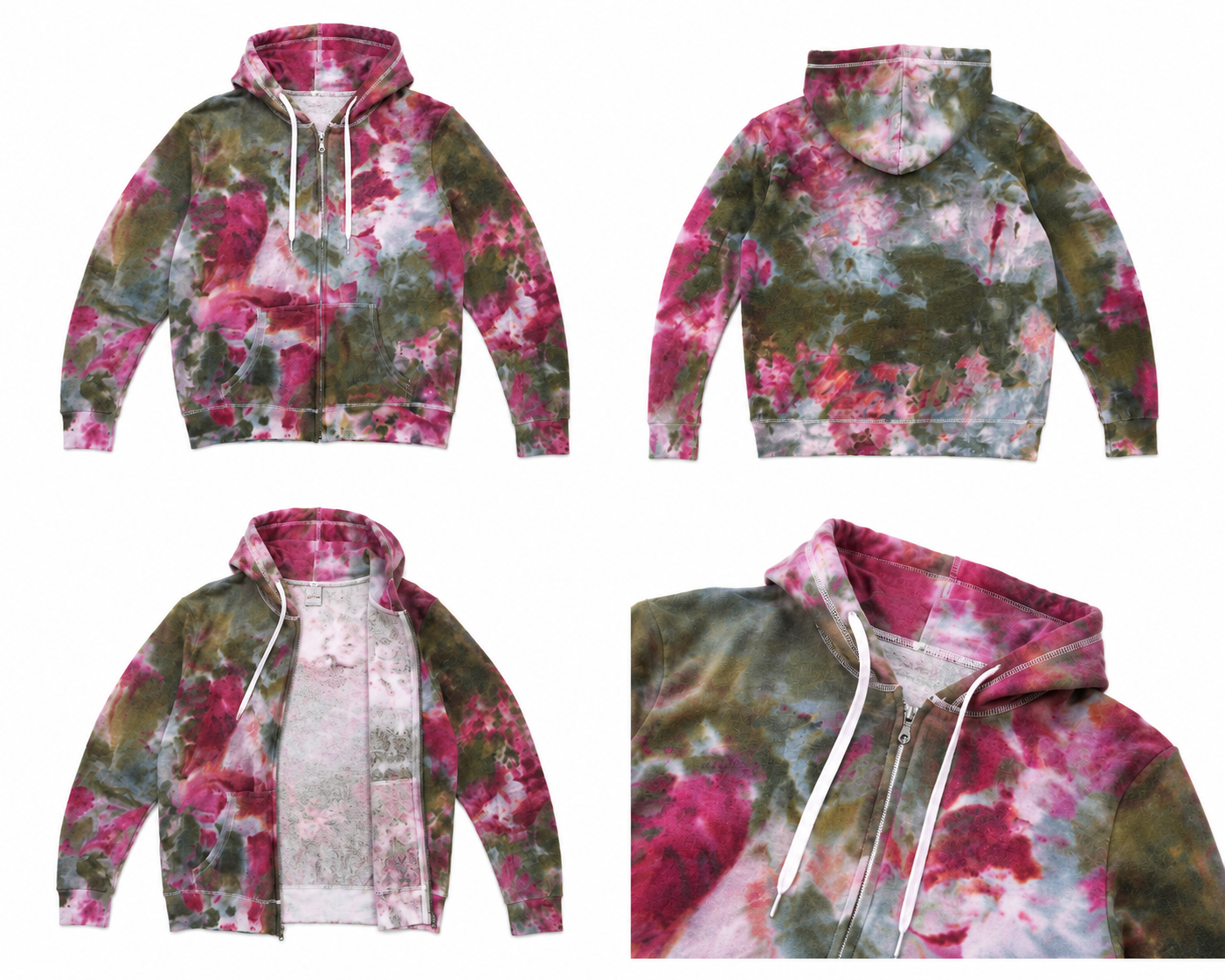 Small Green Pink White Drift & Dye Handmade Ice-Dye Tie-Dye Full Zip Zipper Hoodie Long-Sleeve Jacket
