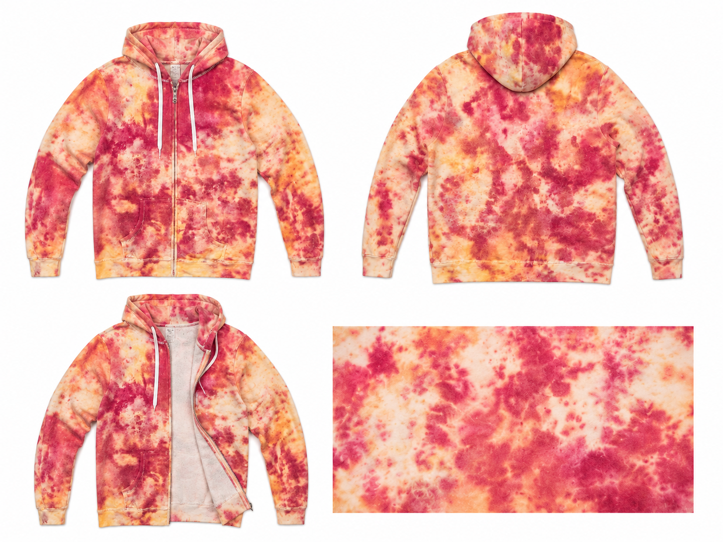 Large Yellow Red Orange Drift & Dye Handmade Ice-Dye Tie-Dye Full Zip Zipper Hoodie Long-Sleeve Jacket