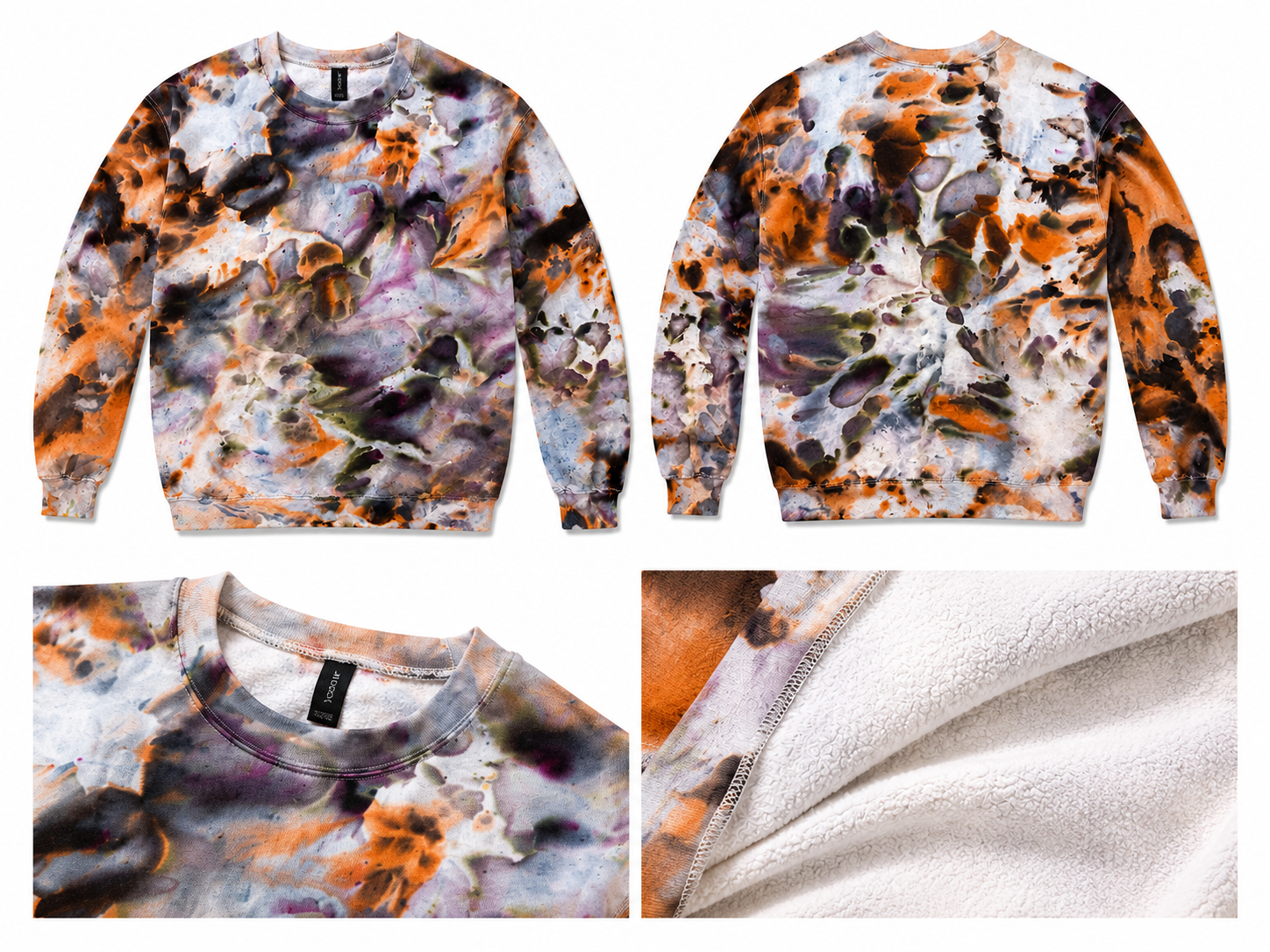 Medium Orange Purple Gray Drift & Dye Handmade Ice-Dye Tie-Dye Pullover Oversized Long-Sleeve Sweater Sweatshirt