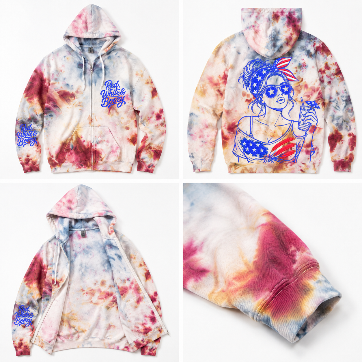 S USA Red White Blue Drift & Dye Handmade Ice-Dye Tie-Dye Full Zip Zipper Hoodie Long-Sleeve Jacket 4th of July Holiday