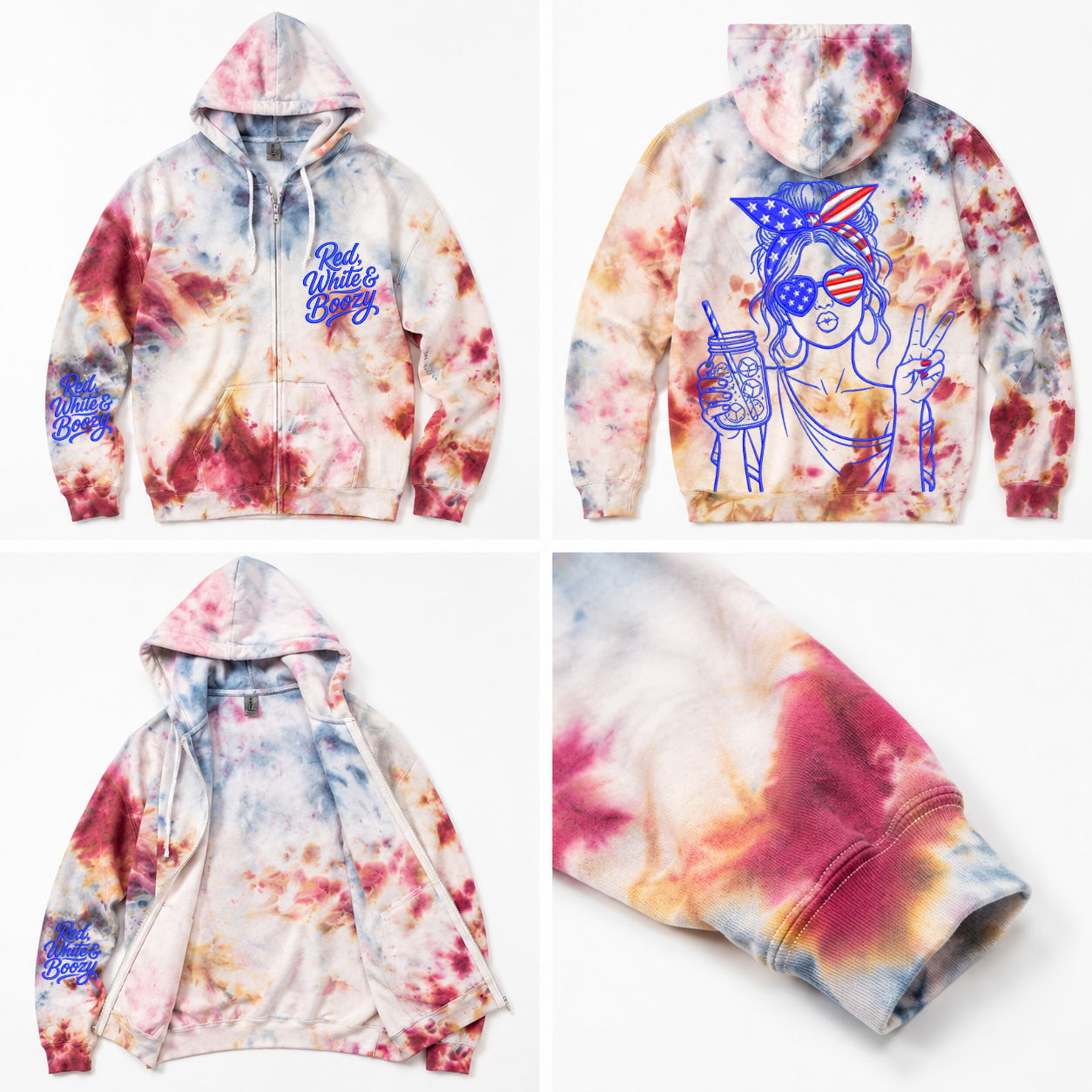 S USA Red White Blue Drift & Dye Handmade Ice-Dye Tie-Dye Full Zip Zipper Hoodie Long-Sleeve Jacket 4th of July Holiday