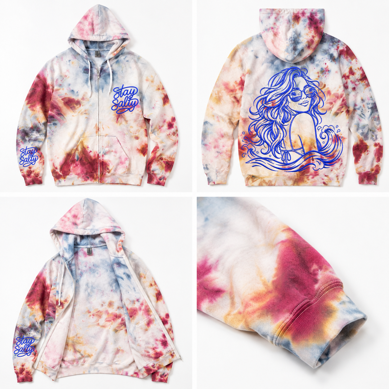 S USA Red White Blue Drift & Dye Handmade Ice-Dye Tie-Dye Full Zip Zipper Hoodie Long-Sleeve Jacket 4th of July Holiday