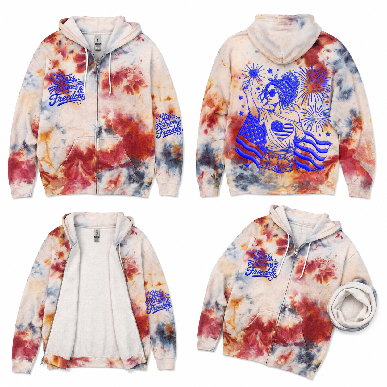 S USA Red White Blue Drift & Dye Handmade Ice-Dye Tie-Dye Full Zip Zipper Hoodie Long-Sleeve Jacket 4th of July Holiday