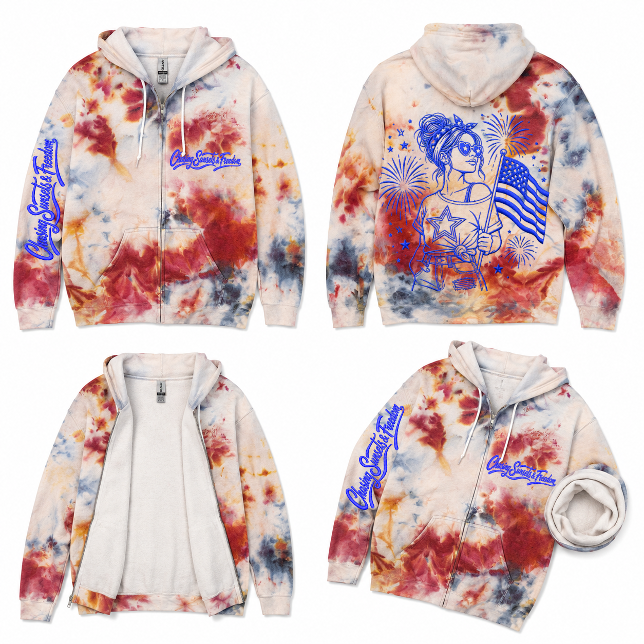 S USA Red White Blue Drift & Dye Handmade Ice-Dye Tie-Dye Full Zip Zipper Hoodie Long-Sleeve Jacket 4th of July Holiday