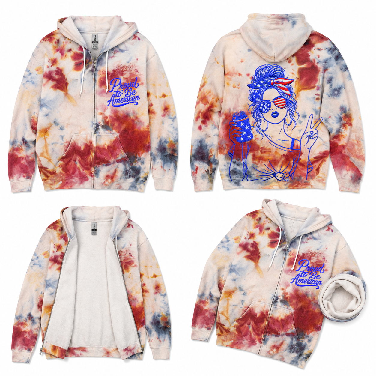 S USA Red White Blue Drift & Dye Handmade Ice-Dye Tie-Dye Full Zip Zipper Hoodie Long-Sleeve Jacket 4th of July Holiday