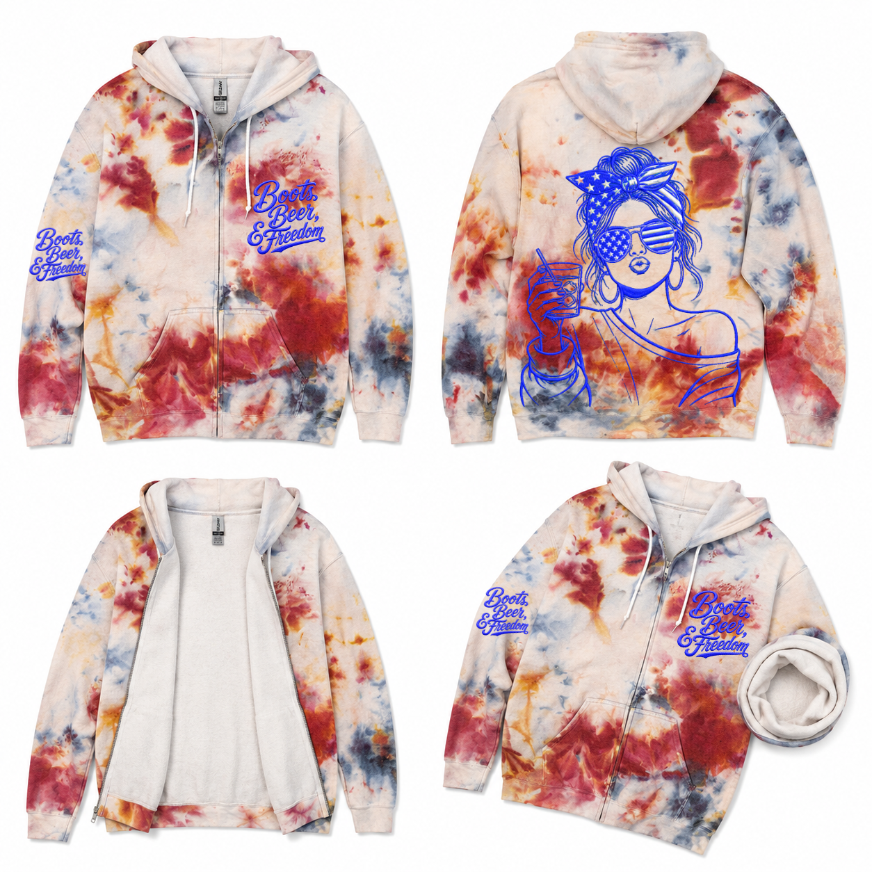 S USA Red White Blue Drift & Dye Handmade Ice-Dye Tie-Dye Full Zip Zipper Hoodie Long-Sleeve Jacket 4th of July Holiday