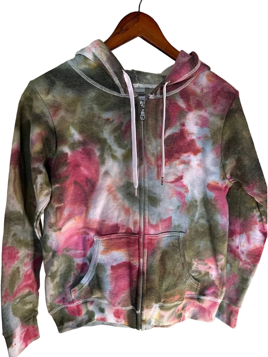 Small Green Pink White Drift & Dye Handmade Ice-Dye Tie-Dye Full Zip Zipper Hoodie Long-Sleeve Jacket
