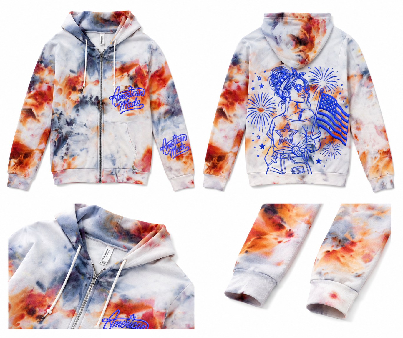 XS USA Red White Blue Drift & Dye Handmade Ice-Dye Tie-Dye Full Zip Zipper Hoodie Long-Sleeve Jacket 4th of July Holiday