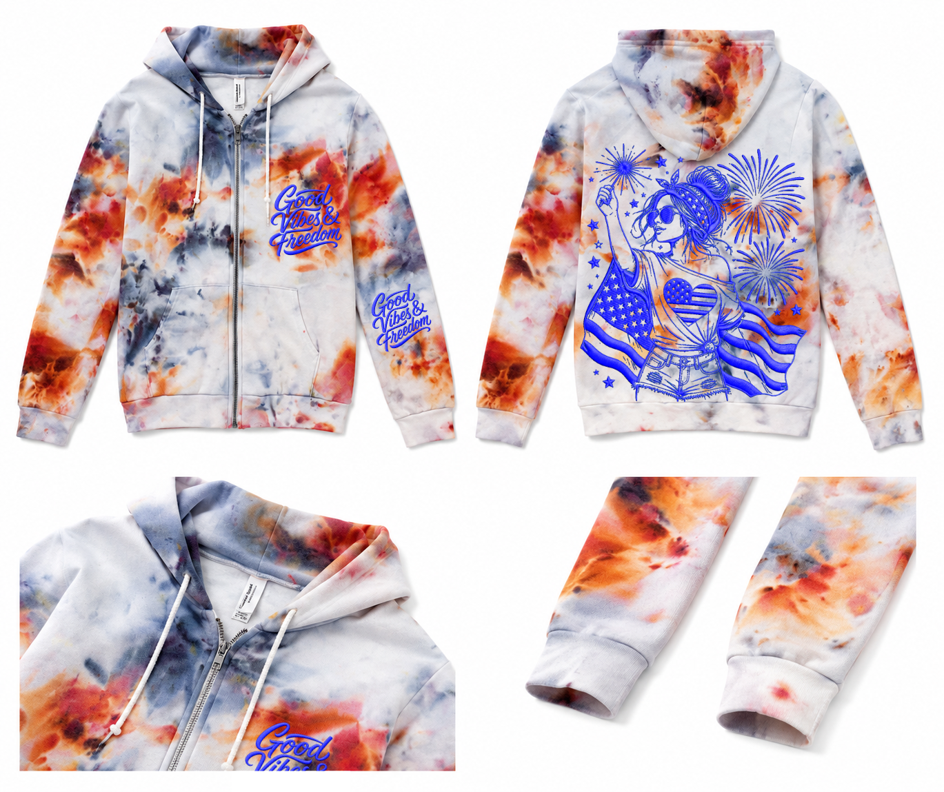 XS USA Red White Blue Drift & Dye Handmade Ice-Dye Tie-Dye Full Zip Zipper Hoodie Long-Sleeve Jacket 4th of July Holiday
