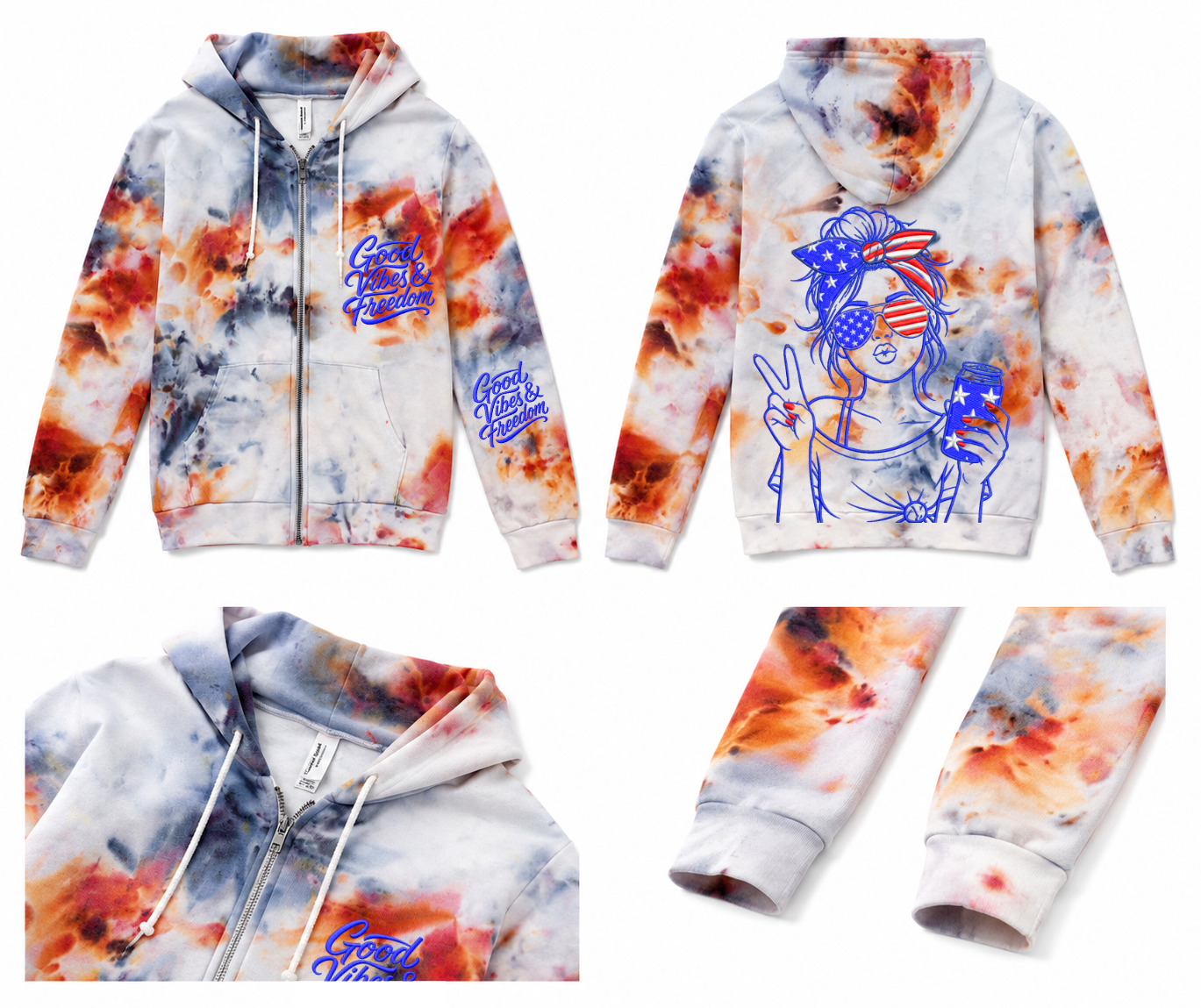 XS USA Red White Blue Drift & Dye Handmade Ice-Dye Tie-Dye Full Zip Zipper Hoodie Long-Sleeve Jacket 4th of July Holiday
